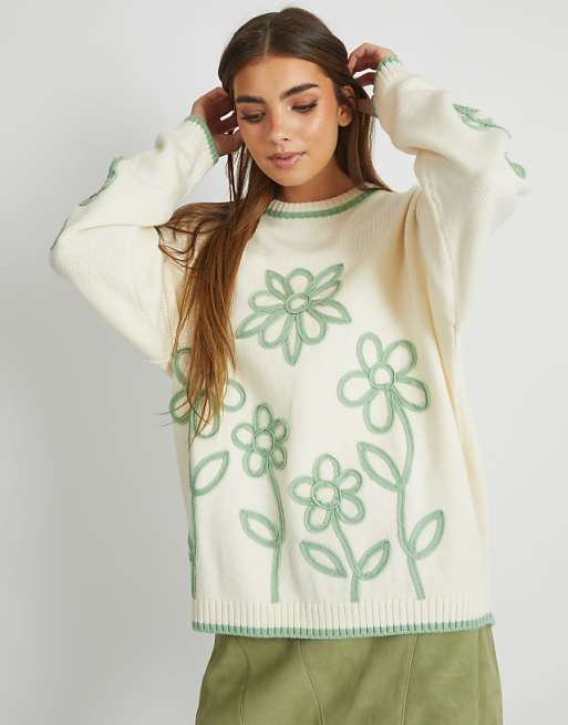 Skinnydip London Floral Applique Knitted Jumper In Cream & Sage In Ecru