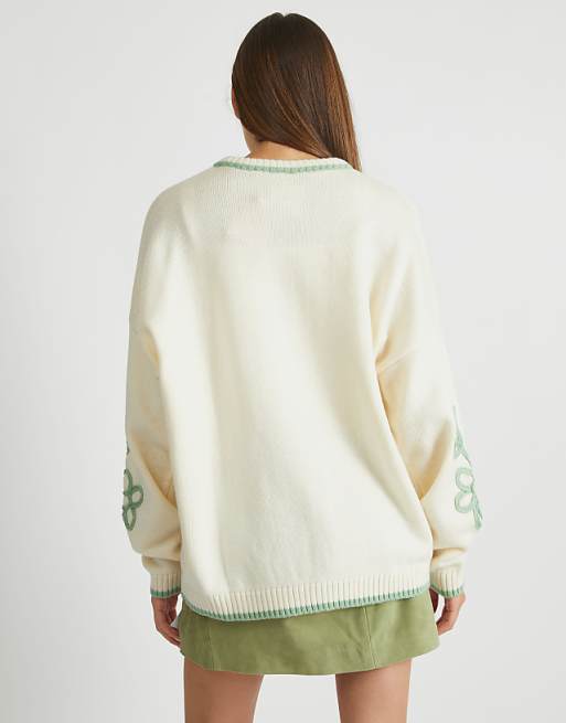 Skinnydip London Floral Applique Knitted Jumper In Cream & Sage In Ecru