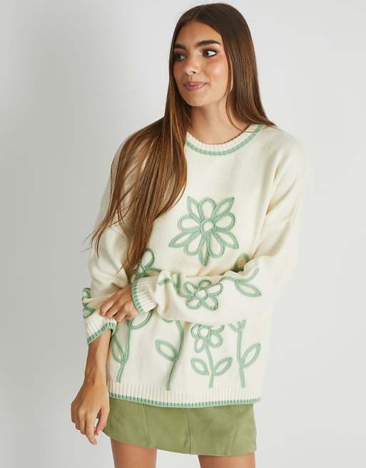 Skinnydip london floral applique knitted jumper in cream & sage in ecru