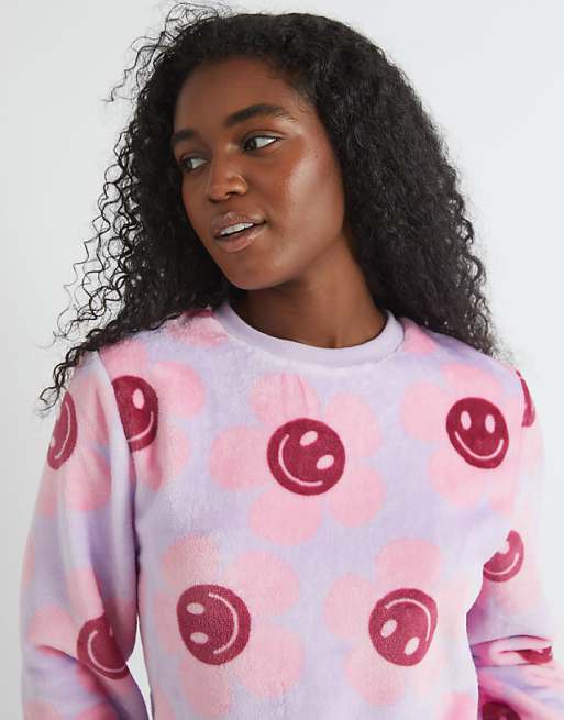 Skinnydip London Happy Flower Lilac Twosie Fleece Pyjama Set In Red