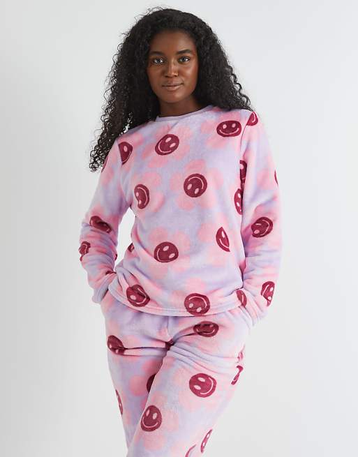 Skinnydip London Happy Flower Lilac Twosie Fleece Pyjama Set In Red