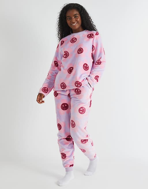 Skinnydip london happy flower lilac twosie fleece pyjama set in red