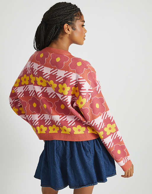 Skinnydip London Houndstooth Flower Knitted Cardigan In Orange