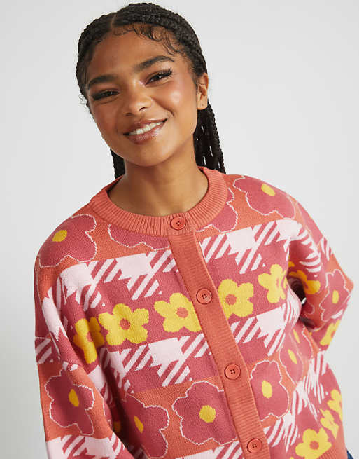 Skinnydip London Houndstooth Flower Knitted Cardigan In Orange