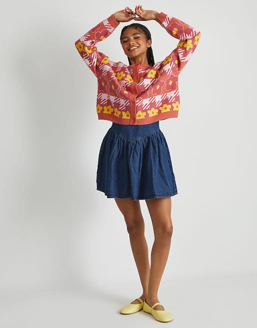 Skinnydip London Houndstooth Flower Knitted Cardigan In Orange