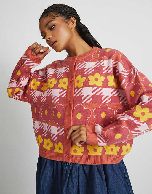 Skinnydip london houndstooth flower knitted cardigan in orange