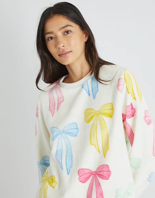 Skinnydip London Multicolour Bow Twosie Fleece Pyjama Set In Pink