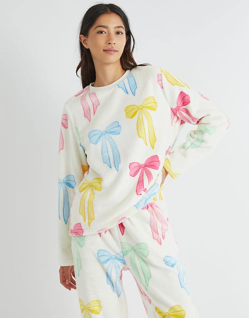 Skinnydip London Multicolour Bow Twosie Fleece Pyjama Set In Pink