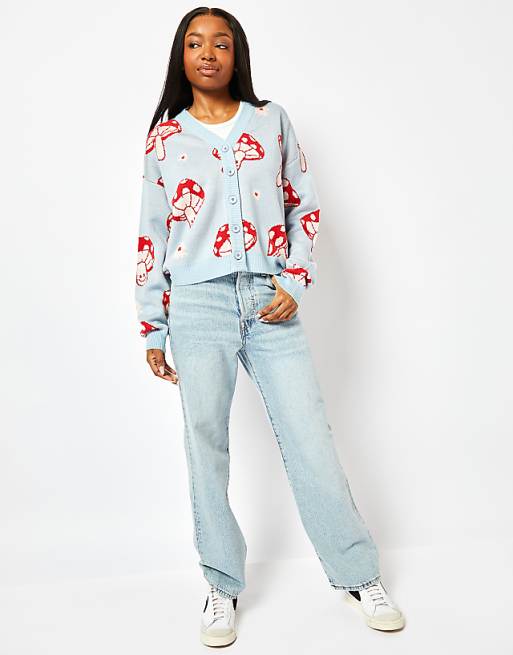Skinnydip London Red Mushroom Knit Cardigan In Blue