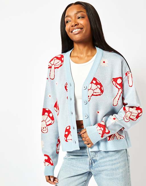 Skinnydip london red mushroom knit cardigan in blue