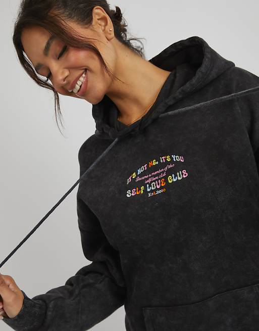 Skinnydip London Self Love Club Hoodie In Acid Wash In Grey