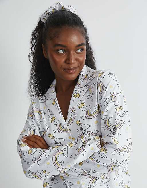 Skinnydip London Snoopy Rainbow Print Pyjama Set In Ecru In White
