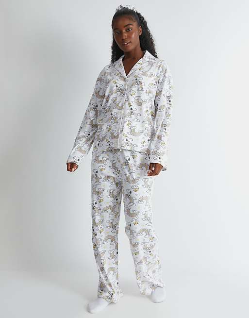 Skinnydip London Snoopy Rainbow Print Pyjama Set In Ecru In White