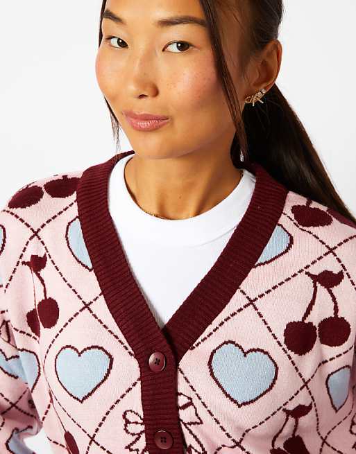 Skinnydip Quilted Cherry & Bow Cardigan In Multi