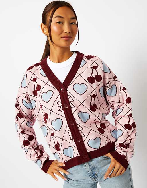 Skinnydip Quilted Cherry & Bow Cardigan In Multi