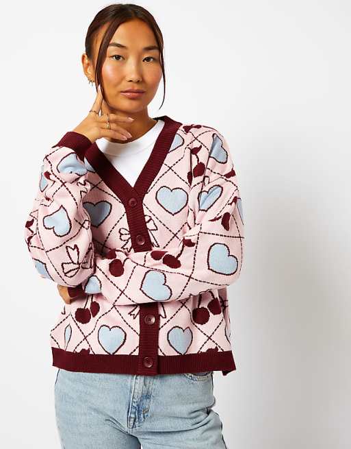 Skinnydip Quilted cherry & bow cardigan in multi