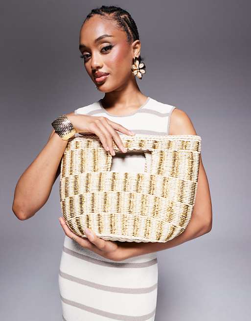 South Beach Glitter Straw Bucket Bag In Beige And Gold