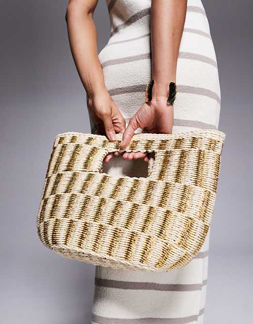 South Beach Glitter Straw Bucket Bag In Beige And Gold