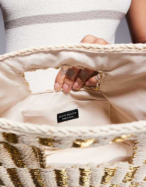 South Beach Glitter Straw Bucket Bag In Beige And Gold