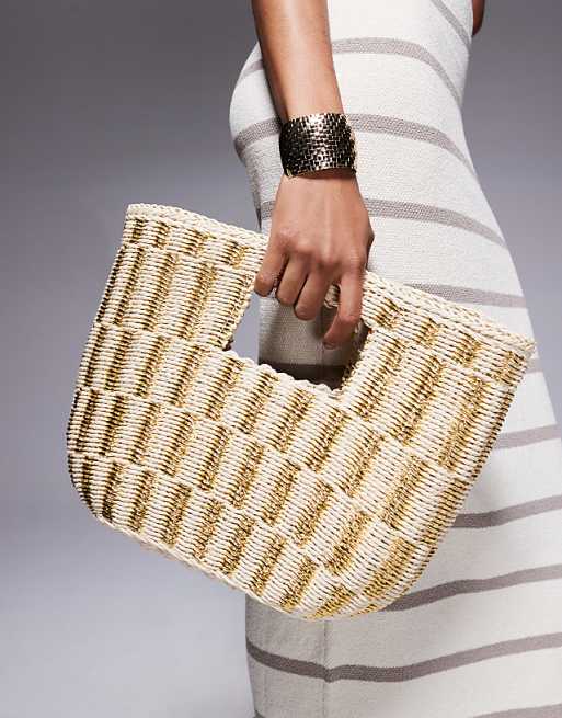 South Beach glitter straw bucket bag in beige and gold