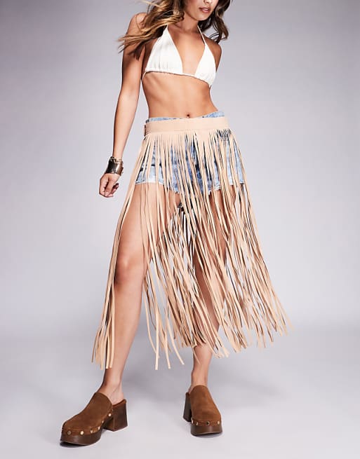 South Beach maxi fringe festival belt in tan