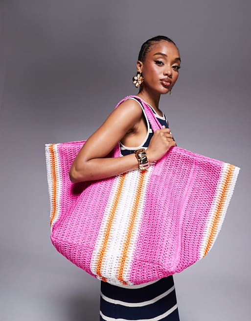 South Beach Oversized Woven Shoulder Bag In Pink Stripe