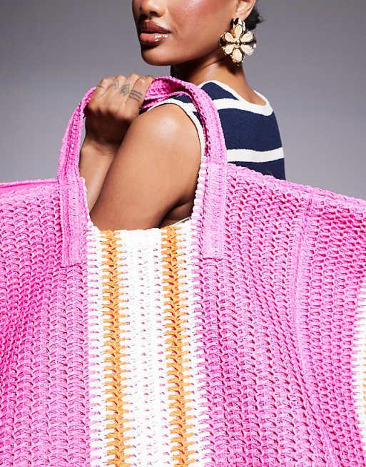 South Beach Oversized Woven Shoulder Bag In Pink Stripe