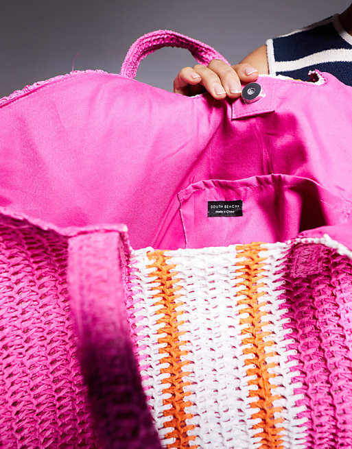 South Beach Oversized Woven Shoulder Bag In Pink Stripe