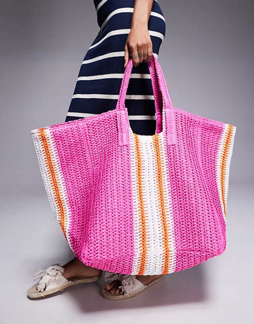 South Beach oversized woven shoulder bag in pink stripe