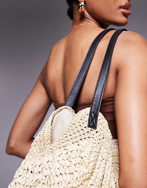 South Beach Slouch Straw Tote Bag With PU Buckle Strap In Beige