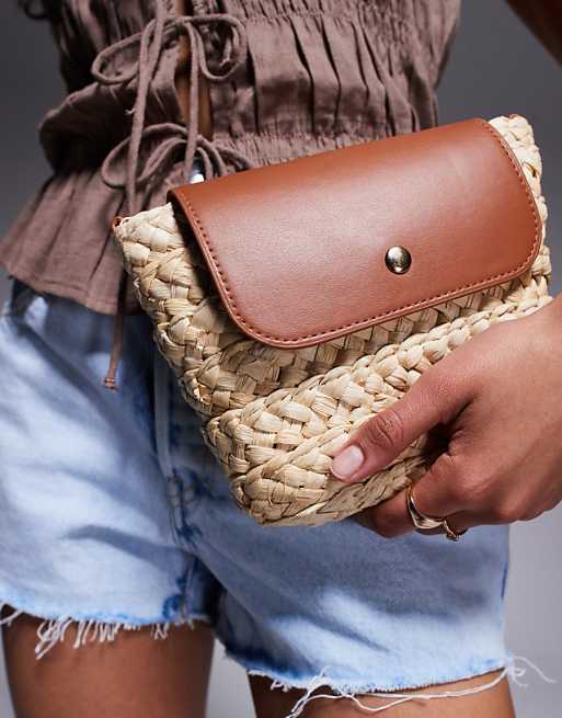 South Beach Straw Crossbody Bag With Contrast Flap In Brown