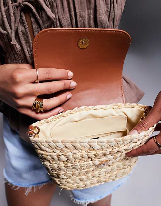 South Beach Straw Crossbody Bag With Contrast Flap In Brown