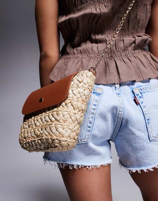 South Beach Straw Crossbody Bag With Contrast Flap In Brown