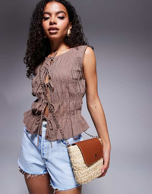 South Beach straw crossbody bag with contrast flap in brown