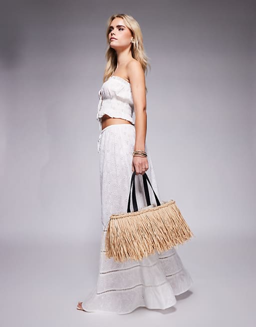 South Beach Straw Fringed Basket Bag In Beige