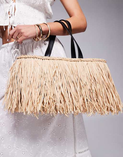 South Beach Straw Fringed Basket Bag In Beige