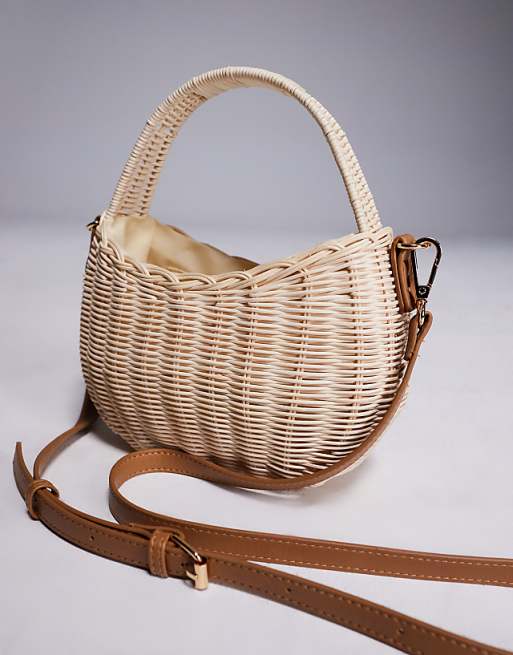 South Beach Structured Wicker Bag With Crossbody Strap In Beige