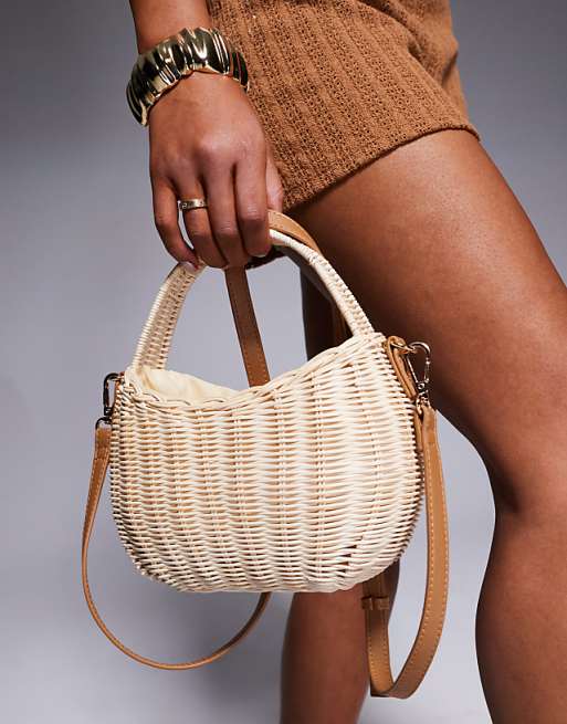 South Beach Structured Wicker Bag With Crossbody Strap In Beige