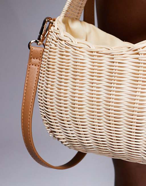 South Beach Structured Wicker Bag With Crossbody Strap In Beige