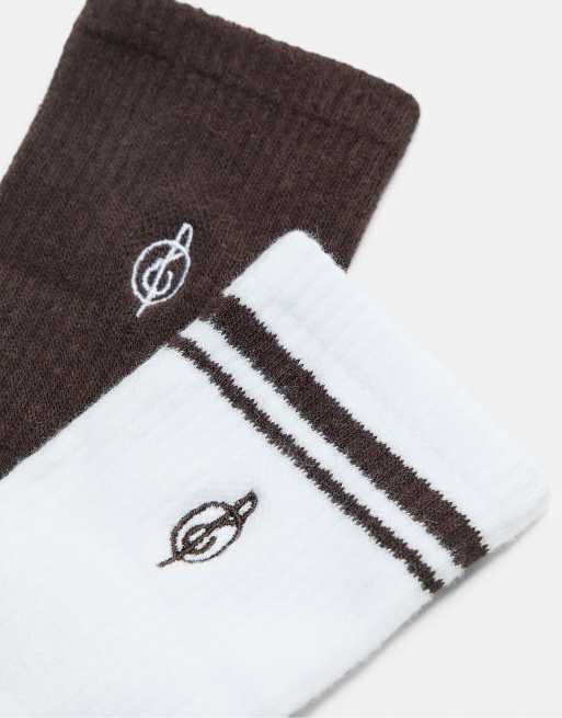 Stradivarius 2-pack Of Striped And Embroidered Socks In Brown