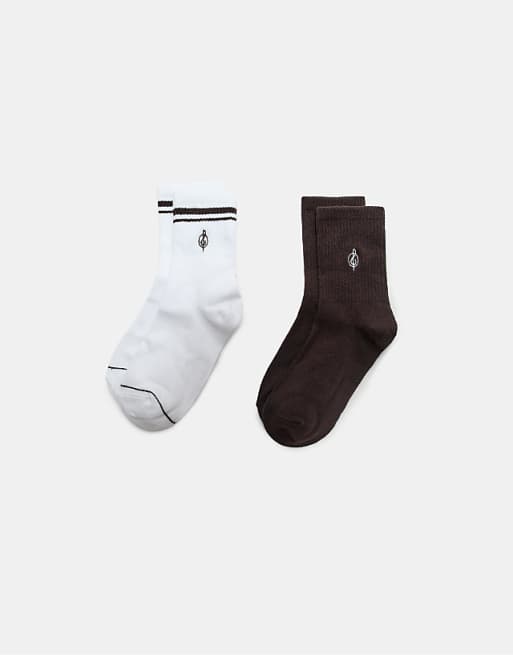 Stradivarius 2-pack of striped and embroidered socks in brown