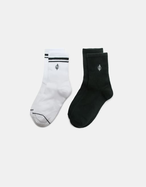 Stradivarius 2-pack Of Striped And Embroidered Socks In Khaki