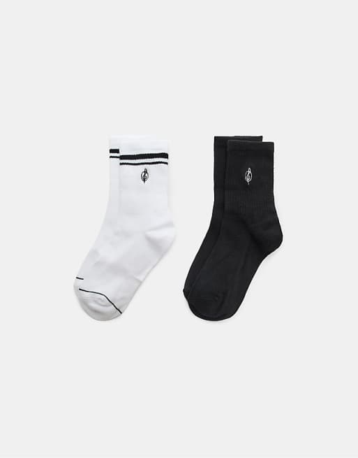 Stradivarius 2-pack of striped and embroidered socks in black