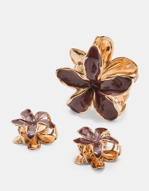 Stradivarius 3 Pack Floral Hair Clips In Brown