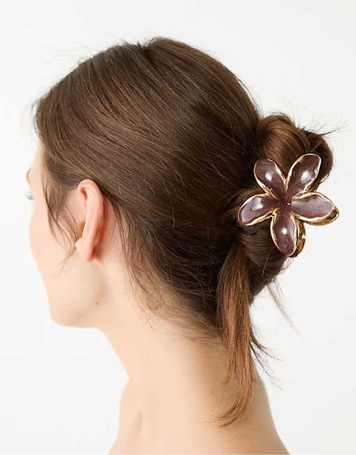 Stradivarius 3 pack floral hair clips in brown