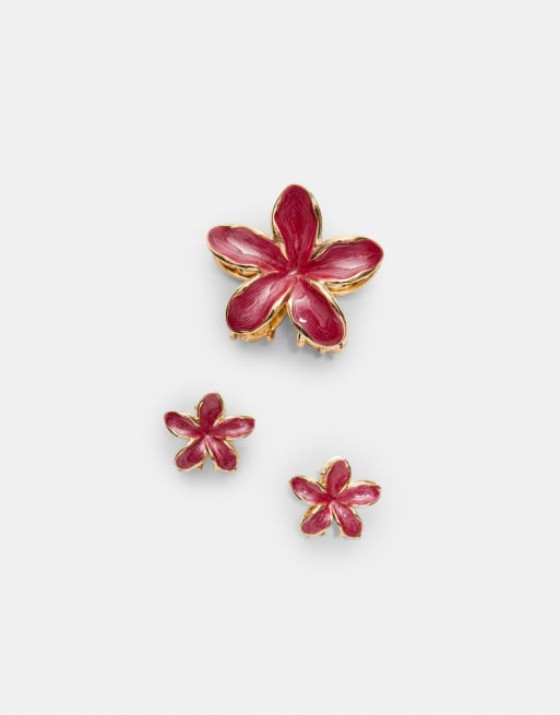 Stradivarius 3 Pack Floral Hair Clips In Fuchsia