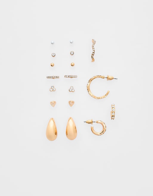 Stradivarius 9 pack of mini teardrop earrings in gold