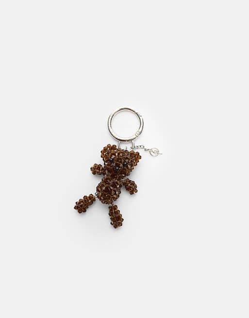 Stradivarius Beaded bear charm keyring in brown