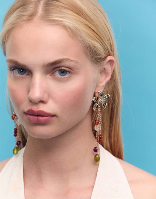 Stradivarius Beaded Flower Earrings In Gold