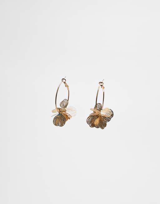 Stradivarius Flower Hoop Earrings In Gold